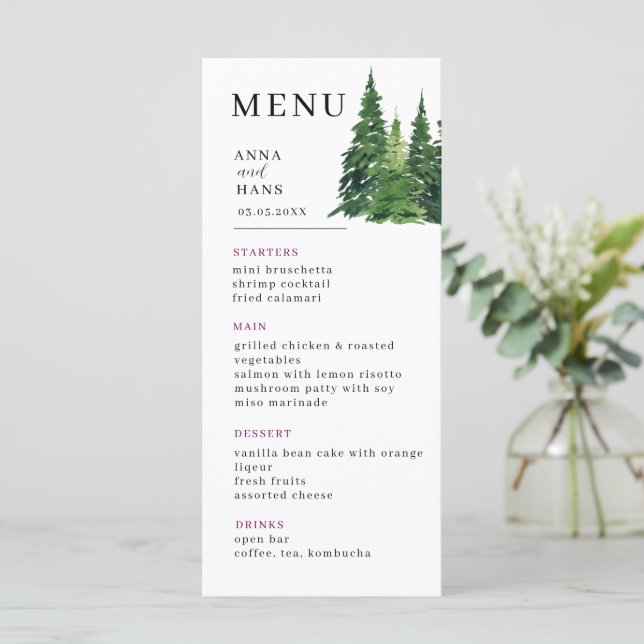 Watercolor Christmas Tree Festive Wedding Menu (Standing Front)