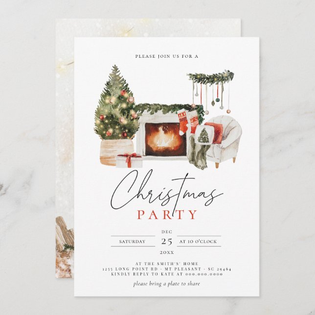 Watercolor Christmas Tree & Garland Holiday Party Invitation (Front/Back)