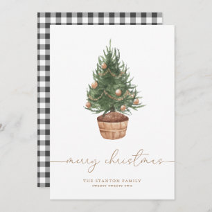 Watercolor Christmas Tree Gingham   Holiday Card