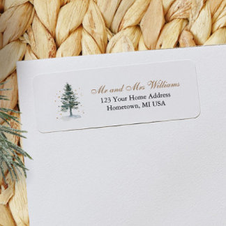Watercolor Christmas Tree Gold Return Address Label
