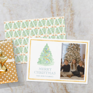 Watercolor Christmas Tree Grandmillennial Photo Holiday Card