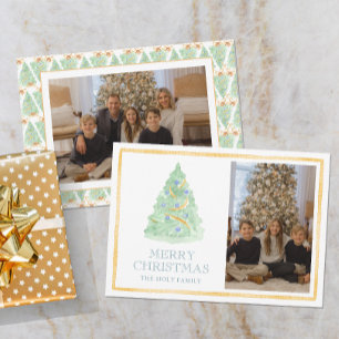Watercolor Christmas Tree Grandmillennial Photo Holiday Card
