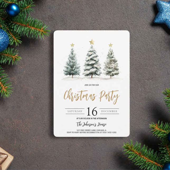 Watercolor Christmas Tree Green Gold Holiday Party Invitation (Creator Uploaded)