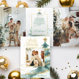 Watercolor Christmas Tree Happy Holidays Photo Tri-Fold Card