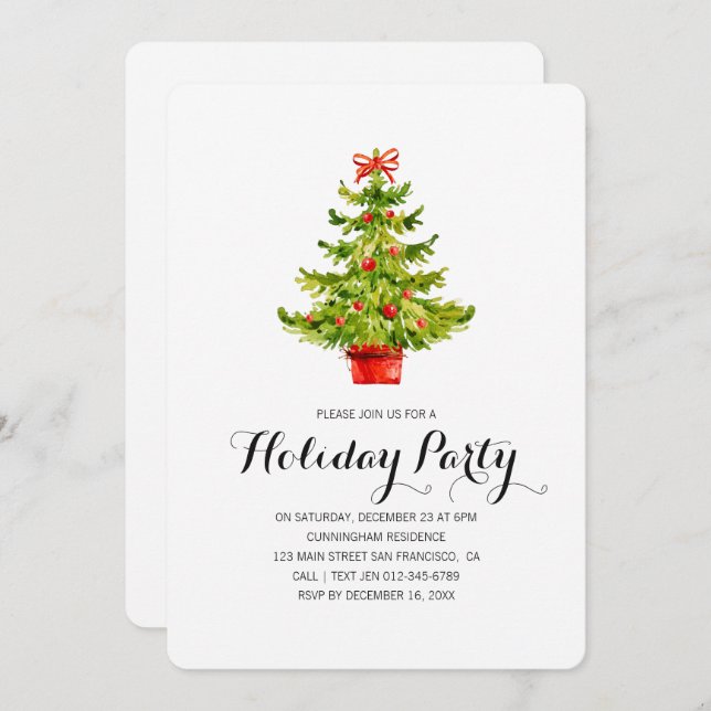 Watercolor Christmas Tree Holiday Party Invitation (Front/Back)