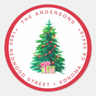 Watercolor Christmas Tree Holiday Return Address Classic Round Sticker