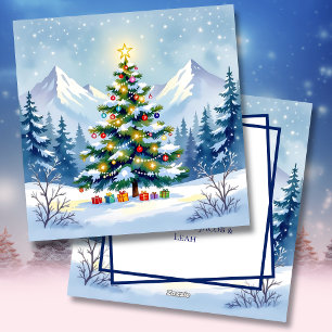 Watercolor Christmas Tree in the Mountains   Holiday Card