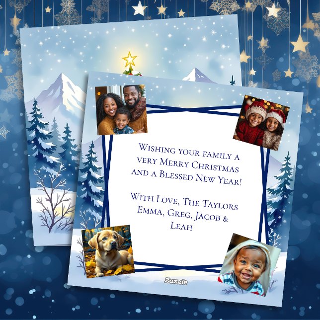 Watercolor Christmas Tree in the Mountains  Photo Holiday Card (Creator Uploaded)