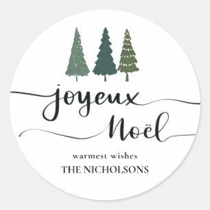 Watercolor Christmas Tree   Joyeux Noel Script Classic Round Sticker