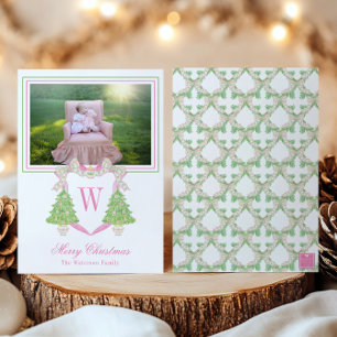 Watercolor Christmas Tree Monogram Crest Photo Holiday Card