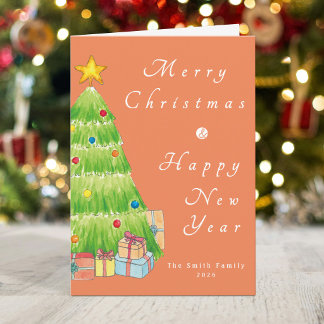 Watercolor Christmas Tree & New Year Family Holiday Card
