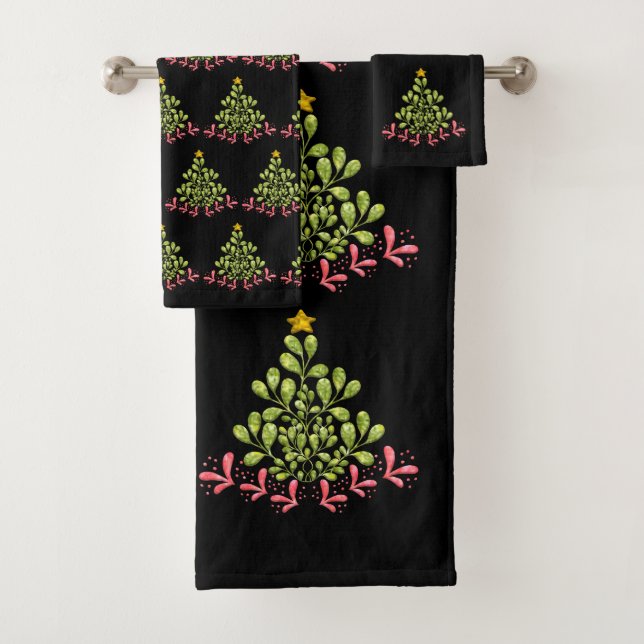 Watercolor Christmas Tree on Black Bath Towel Set (Insitu)