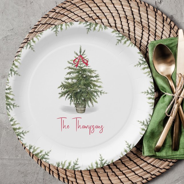 Watercolor Christmas Tree Personalized  Paper Plate (Christmas party personalized watercolor party paper plate.)