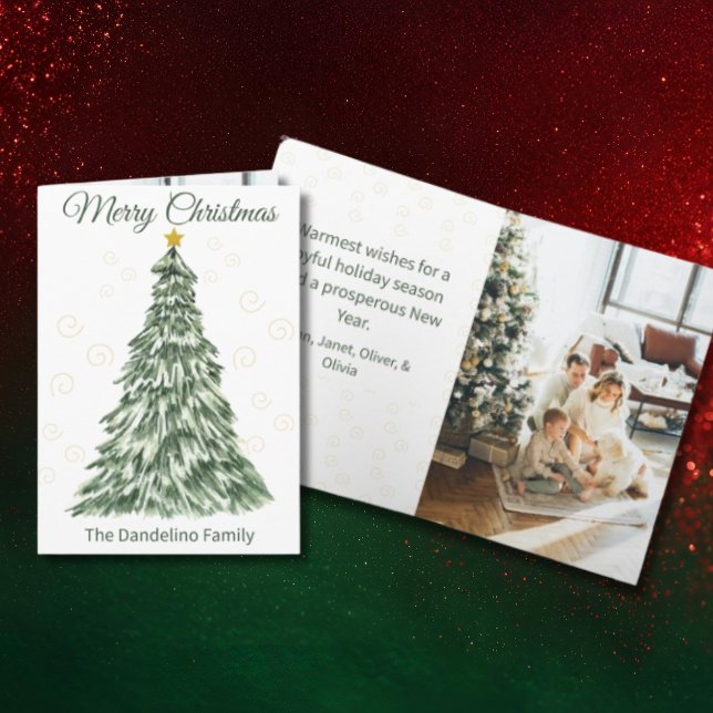 Watercolor Christmas Tree Photo Folded Holiday Card (Creator Uploaded)