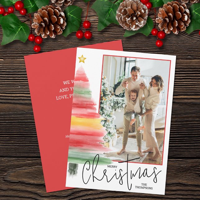 Watercolor Christmas Tree Photo Holiday Card (Striped watercolor Christmas tree photo holiday cards feature your greeting on the back)