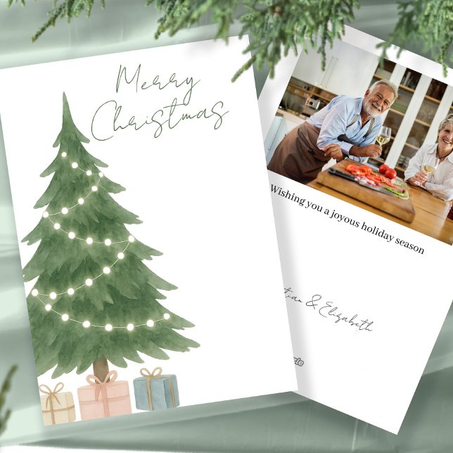 Watercolor Christmas Tree Photo Personalised Holiday Card (Watercolor Christmas Tree Photo Personalized Holiday Card by Ricaso. Add your photograph and text)