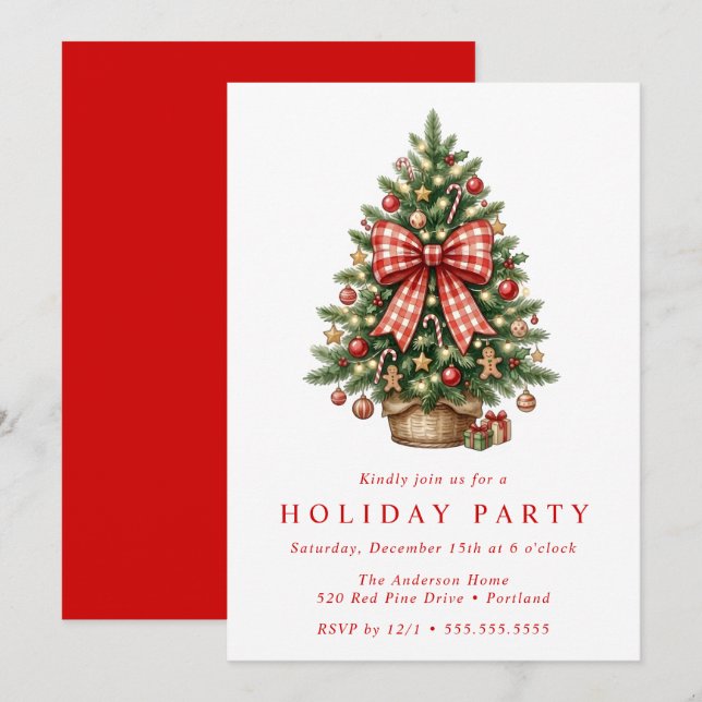 Watercolor Christmas Tree Red Gingham Bow Party Invitation (Front/Back)