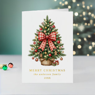 Watercolor Christmas Tree Red Gingham Bow Photo Foil Holiday Card