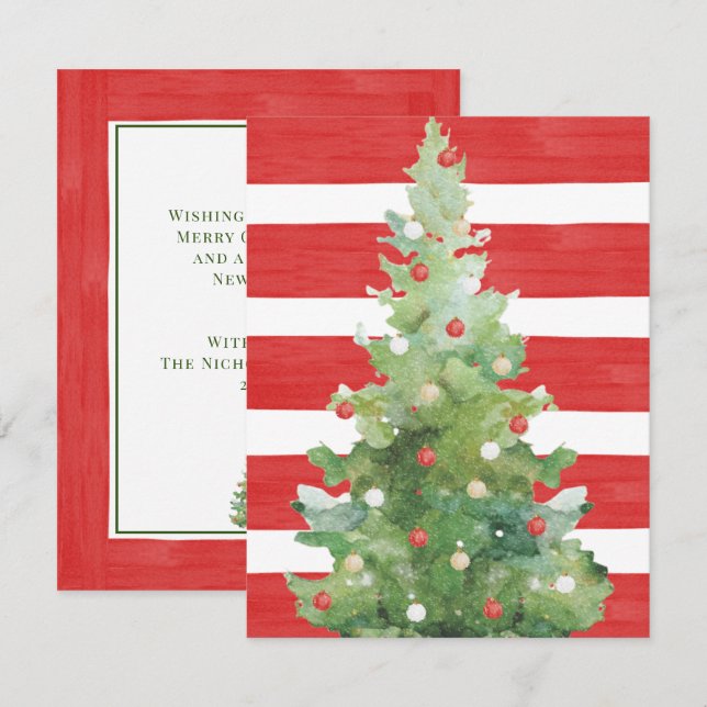 Watercolor Christmas Tree Red Striped Note Card (Front/Back)