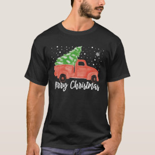 Watercolor Christmas Tree Red Truck Christmas T-Shirt