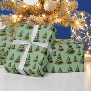 Watercolor Christmas Tree Snowflake Drawing Green Wrapping Paper
