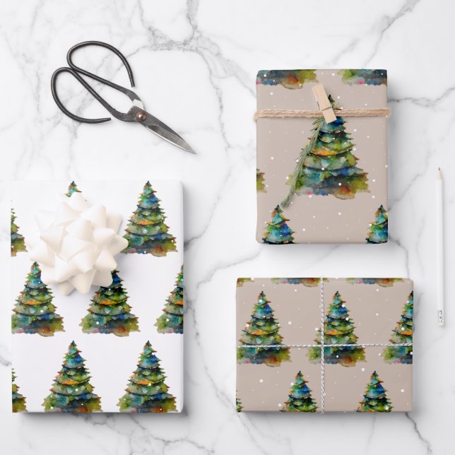 Watercolor Christmas Tree Snowflake Drawing Wrapping Paper Sheet (Front)