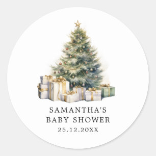 Watercolor Christmas Tree Winter Baby Shower  Classic Round Sticker