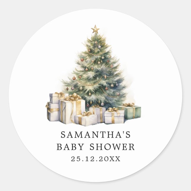 Watercolor Christmas Tree Winter Baby Shower  Classic Round Sticker (Front)