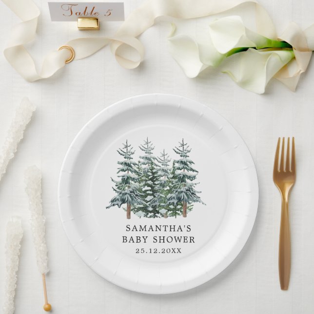 Watercolor Christmas Tree Winter Baby Shower  Paper Plate (Wedding)