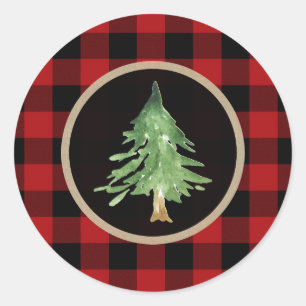Watercolor Christmas Tree Winter Red Buffalo Plaid Classic Round Sticker