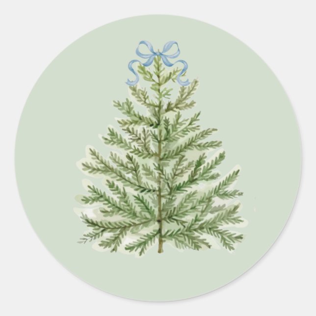 Watercolor Christmas Tree with Blue Bow Classic Round Sticker (Front)