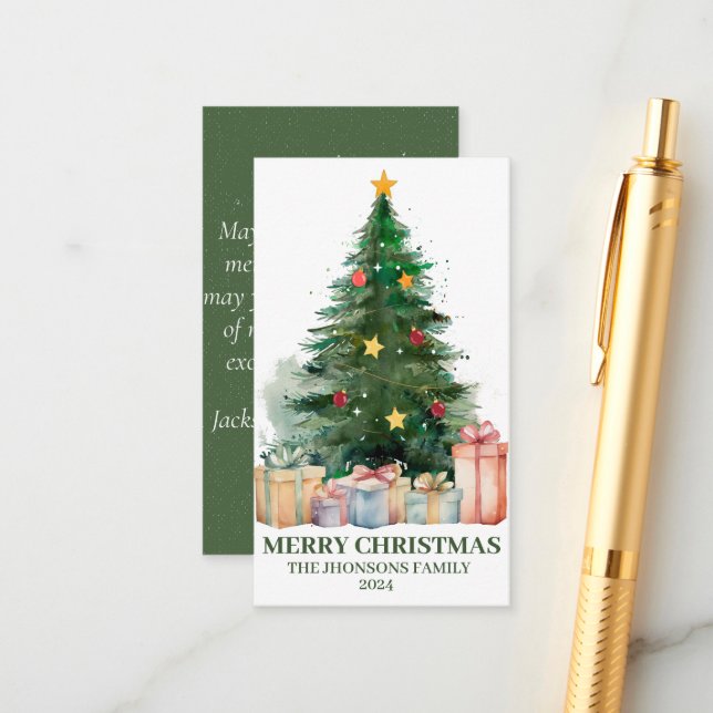 Watercolor Christmas Tree with Gifts Enclosure Card (Front/Back In Situ)