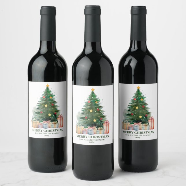Watercolor Christmas Tree with Gifts Wine Label (Bottles)