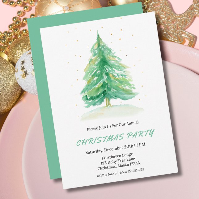 Watercolor Christmas Tree With Gold Snow Invite (Creator Uploaded)