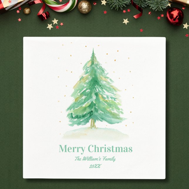 Watercolor Christmas Tree With Gold Snow Napkin (Creator Uploaded)