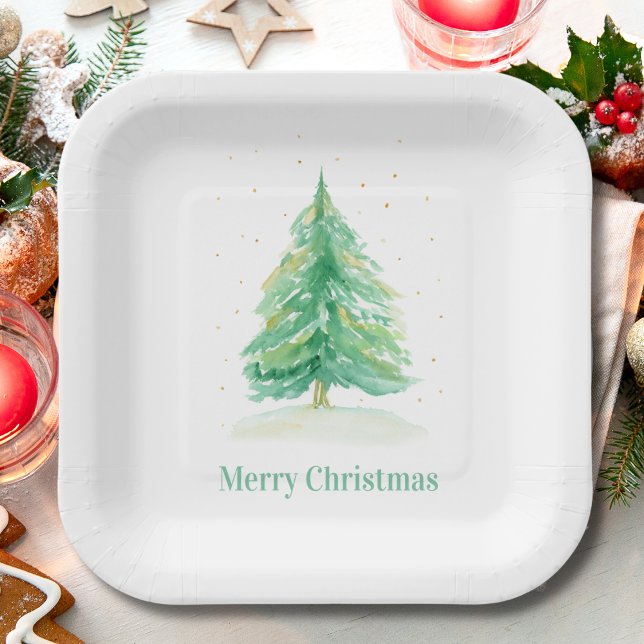 Watercolor Christmas Tree With Gold Snow Paper Plate (Creator Uploaded)