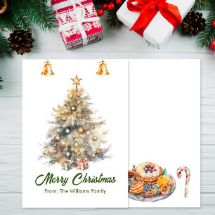 Watercolor Christmas Tree with jingle bells, Holiday Card