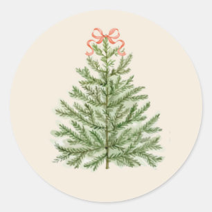 Watercolor Christmas Tree with Red Bow Classic Round Sticker