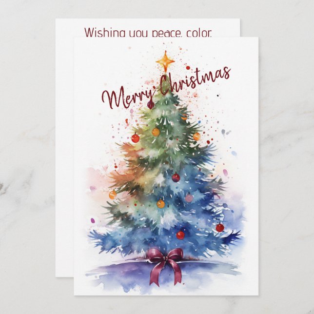 Watercolor Christmas Tree with Red Bow  Holiday Card (Front/Back)