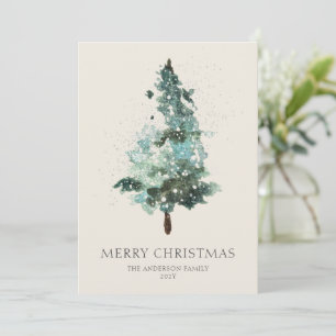 Watercolor Christmas Tree with Sparkle  Holiday Card