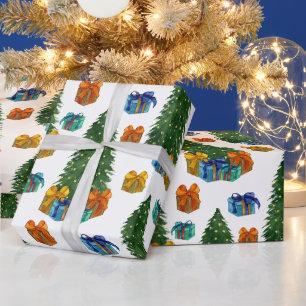 Watercolor Christmas Trees and Gift Boxes Wrapping Paper