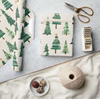 Watercolor Christmas Trees | Green Pine Holiday Wrapping Paper