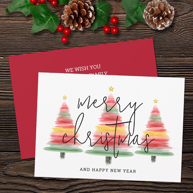 Watercolor Christmas Trees Holiday Card (Watercolor striped Christmas trees flat holiday greeting cards feature your greeting on the back.)