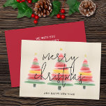 Watercolor Christmas Trees Holiday Card<br><div class="desc">Beautiful watercolor Christmas trees topped with a gold star on ivory stripes accent the front of these flat Christmas greeting cards with Merry Christmas and Happy New Year in chic lettering. Your custom greeting and names are on the back. MATCHING items in our collection.</div>