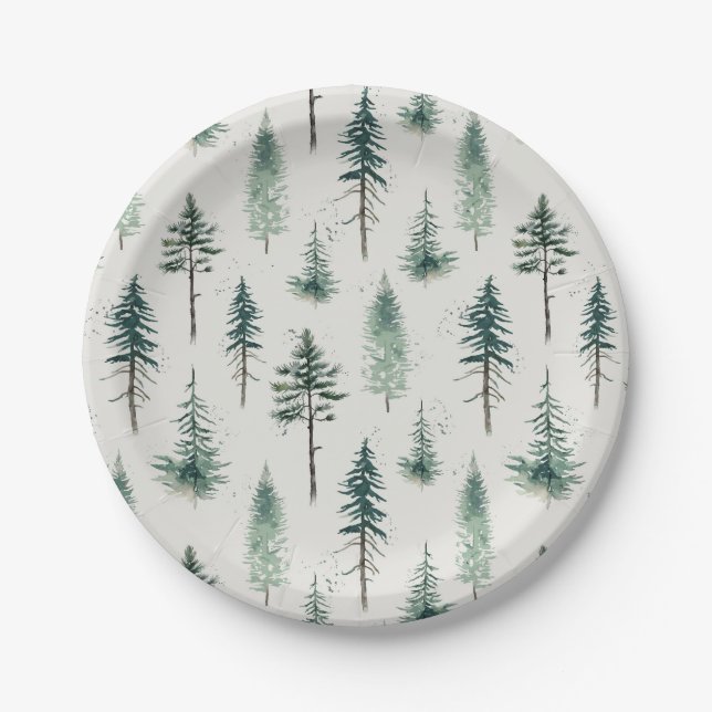 Watercolor Christmas Trees Holiday Pattern Paper Plate (Front)