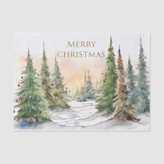 Watercolor Christmas Trees Merry Christmas Tissue Paper (Front)