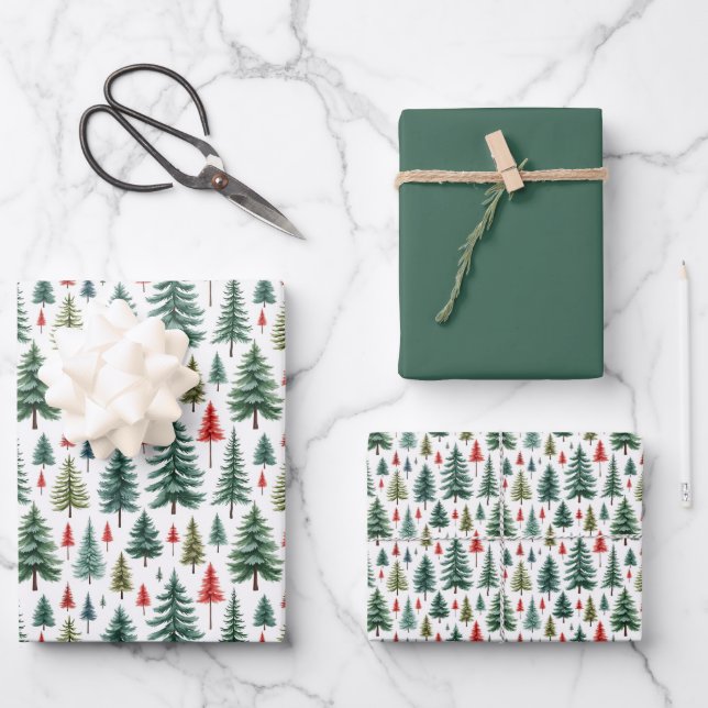 Watercolor Christmas Trees on White Wrapping Paper Sheet (Front)