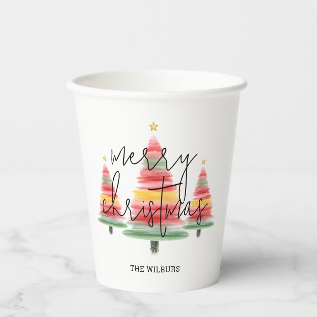 Watercolor Christmas Trees Paper Cups (Front)
