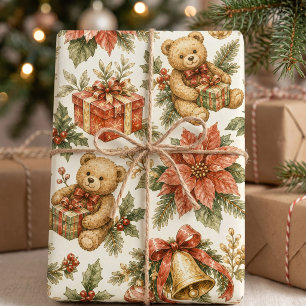 Watercolor Christmas Trees Ribbons & Plaid Pattern Wrapping Paper Sheet