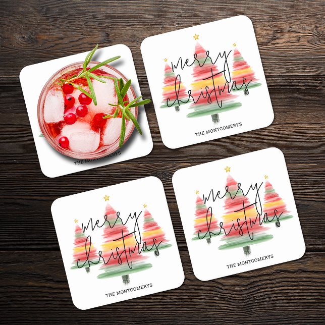 Watercolor Christmas Trees Square Paper Coaster (Creator Uploaded)